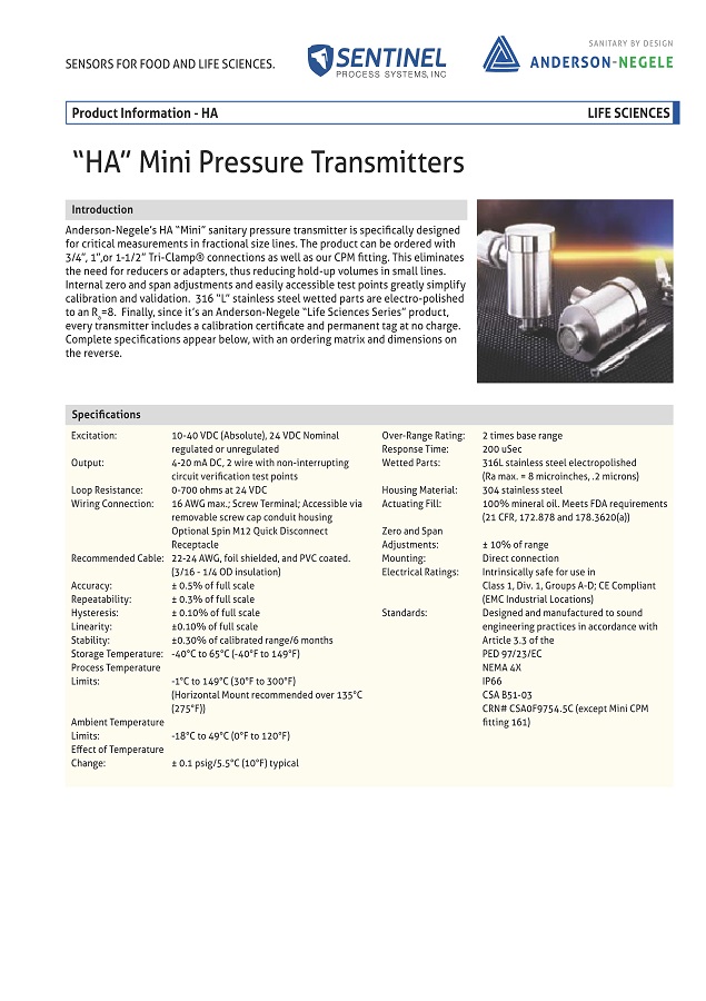 HA Mini Pressure Transmitter Data Sheet