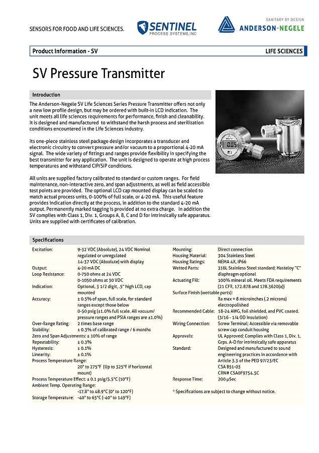 SV Pressure Transmitter Data Sheet